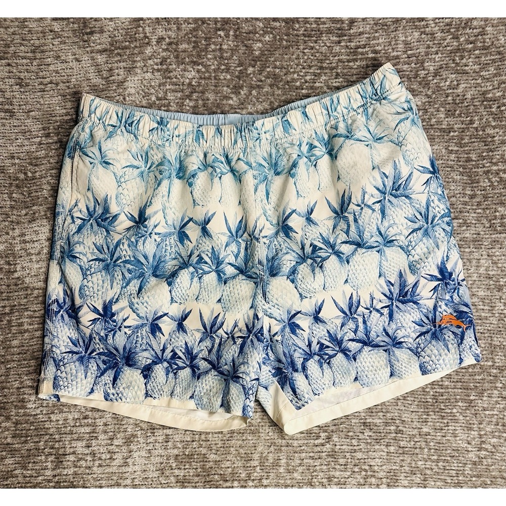 Tommy Bahama Swim Trunks Mens XL Blue Pineapple Tropical Elastic Waist Mesh Line
